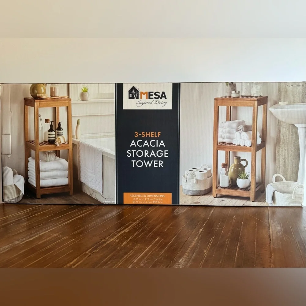 Mesa 3 Tier Acacia Storage Tower Wooden Bathroom Shelf - Natural Brown Brand New